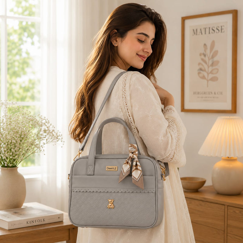 Luxury Quilted Baby Diaper Bag with Scarf & Adjustable Shoulder Strap – Grey