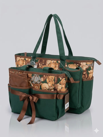 Elegant Teddy Print Baby Diaper Bag Set – Green & Brown
