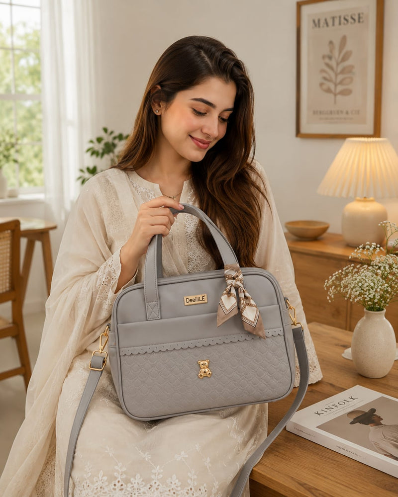 Elegant Grey PU Leather Women's Tote Handbag with Detachable Shoulder Strap