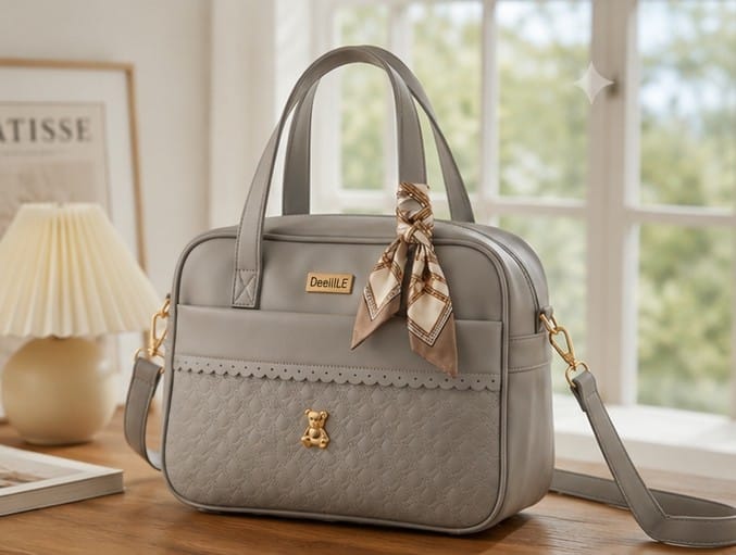 Elegant Grey PU Leather Women's Tote Handbag with Detachable Shoulder Strap