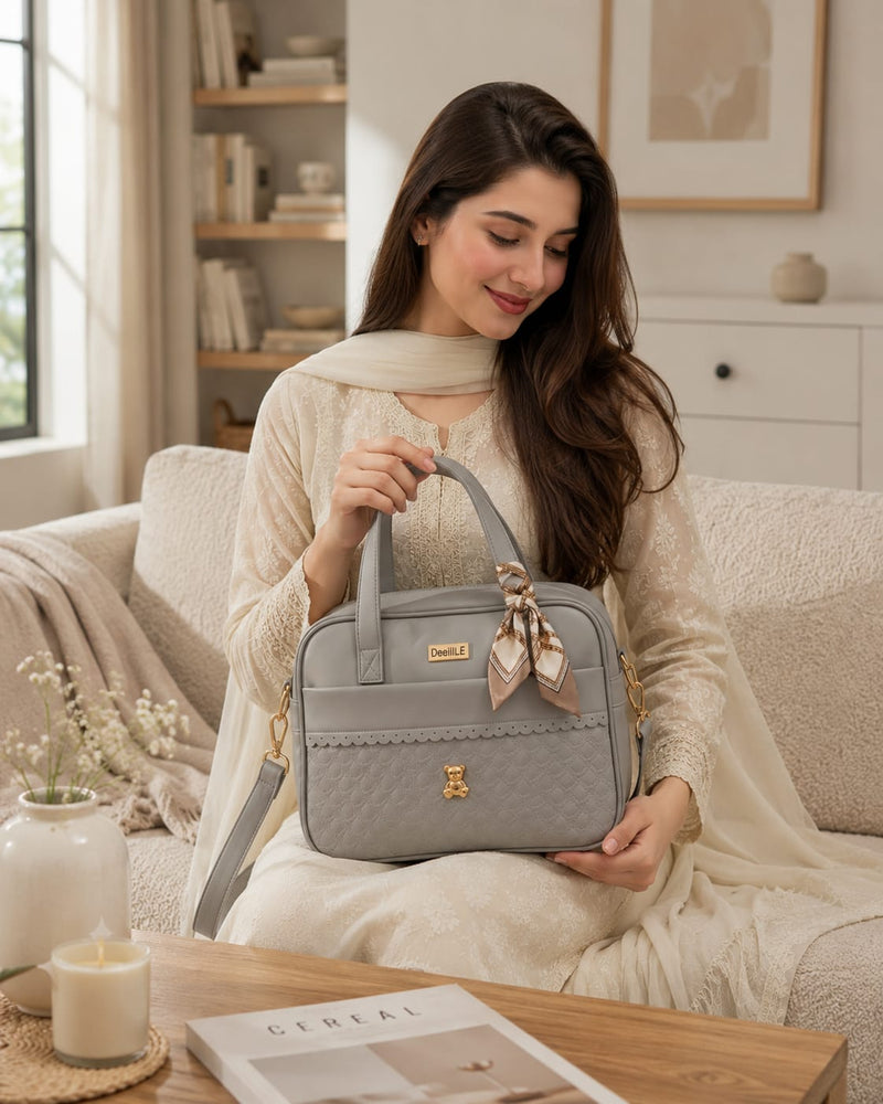 Elegant Grey PU Leather Women's Tote Handbag with Detachable Shoulder Strap