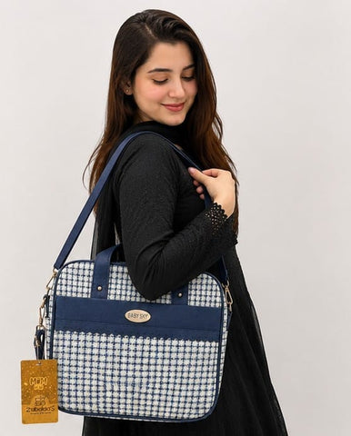 Best Sky Premium Check Pattern Laptop & Office Handbag for Women | Stylish Shoulder & Hand Carry Bag (Navy Blue & White)
