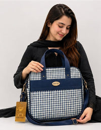 Best Sky Premium Check Pattern Laptop & Office Handbag for Women | Stylish Shoulder & Hand Carry Bag (Navy Blue & White) - View 2