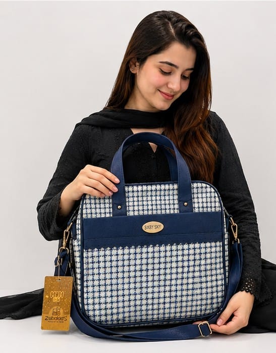 Best Sky Premium Check Pattern Laptop & Office Handbag for Women | Stylish Shoulder & Hand Carry Bag (Navy Blue & White)