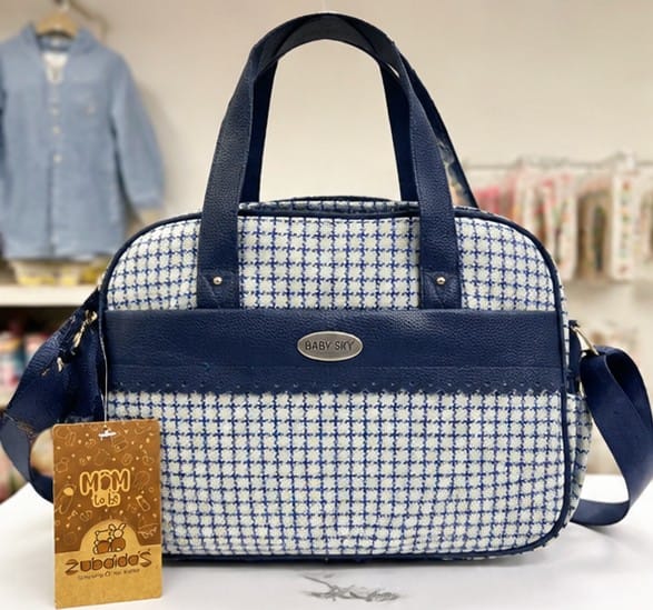 Best Sky Premium Check Pattern Laptop & Office Handbag for Women | Stylish Shoulder & Hand Carry Bag (Navy Blue & White)