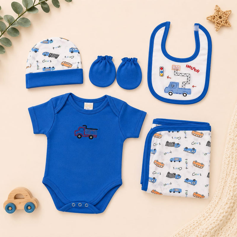 Baby Cotton Newborn Gift Set – Vehicle Print Bodysuit, Blanket, Bib, Cap & Mittens (Blue)