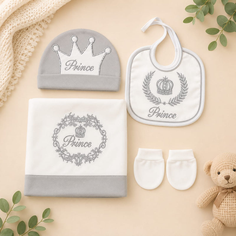 7-Piece Prince Baby Newborn Gift Set – Soft Cotton Clothing Set with Blanket, Bib, Cap, Mittens, Top & Pants (White/Grey)