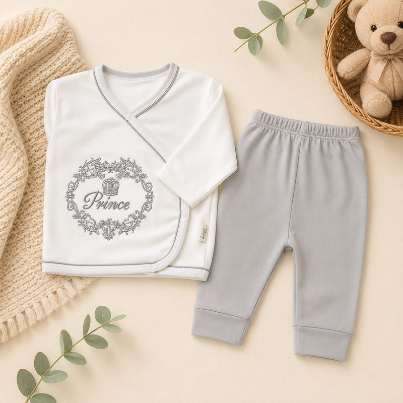 7-Piece Prince Baby Newborn Gift Set – Soft Cotton Clothing Set with Blanket, Bib, Cap, Mittens, Top & Pants (White/Grey)