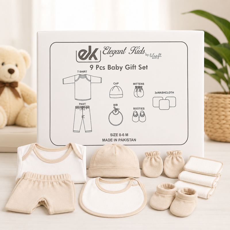 Elegant Kids 10-Piece Newborn Baby Gift Set – Soft Cotton Infant Clothing Set with Hat, Bib & Mittens (Beige)