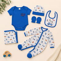 Baby Cotton Newborn Gift Set – Vehicle Print Bodysuit, Blanket, Bib, Cap & Mittens (Blue) - View 2