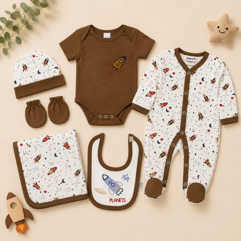 Baby Cotton Newborn Gift Set – Rocket Print Bodysuit, Sleepsuit, Blanket, Cap & Mittens (Brown/White)