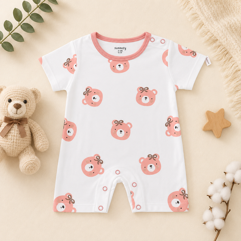 Adorable Pink Bear Print Cotton Baby Romper (3-6M)