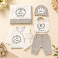 7-Piece Prince Baby Newborn Gift Set – Soft Cotton Clothing Set with Blanket, Bib, Cap, Mittens, Top & Pants (White/Grey) - View 1