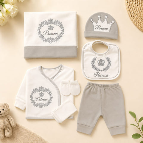 7-Piece Prince Baby Newborn Gift Set – Soft Cotton Clothing Set with Blanket, Bib, Cap, Mittens, Top & Pants (White/Grey)