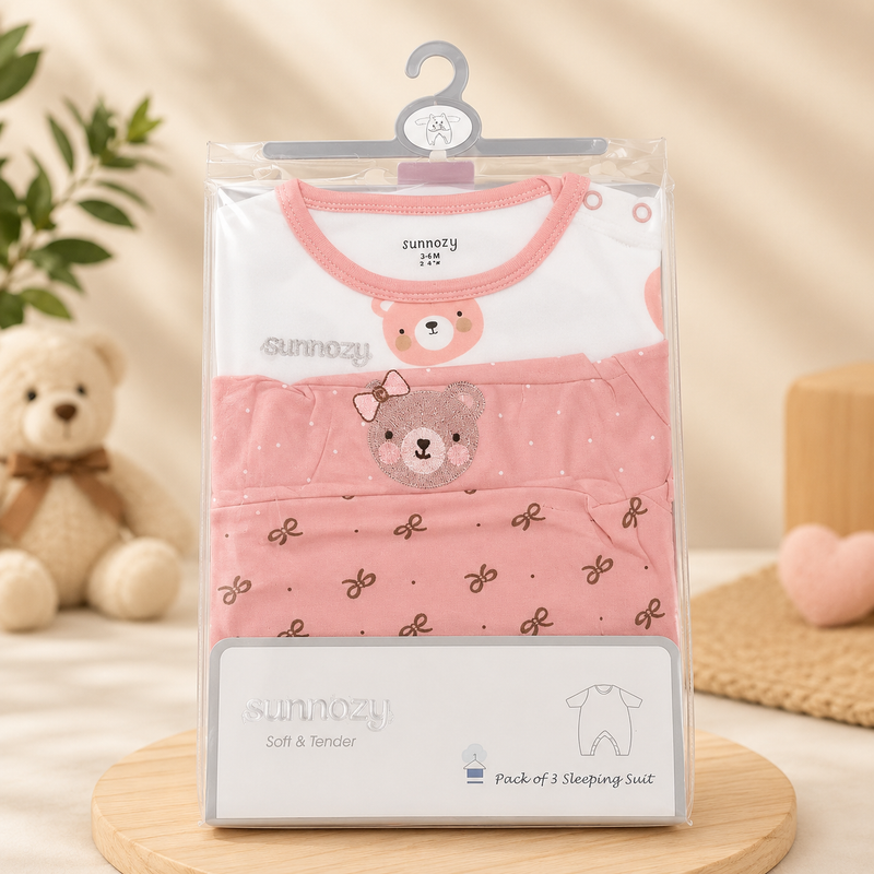 Adorable Pink Bear Print Cotton Baby Romper (3-6M)