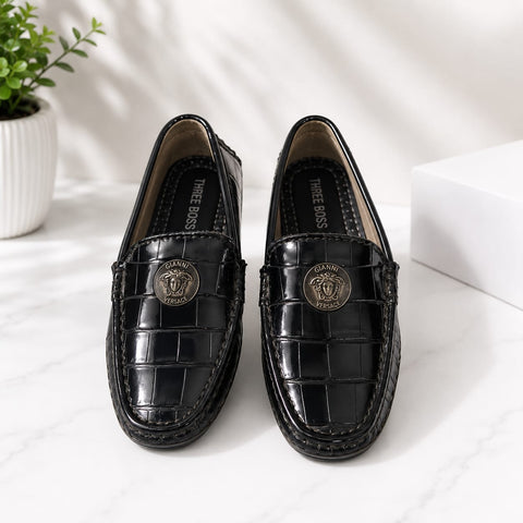 Boys Premium Black Crocodile Pattern Loafers – Formal Slip-On Shoes