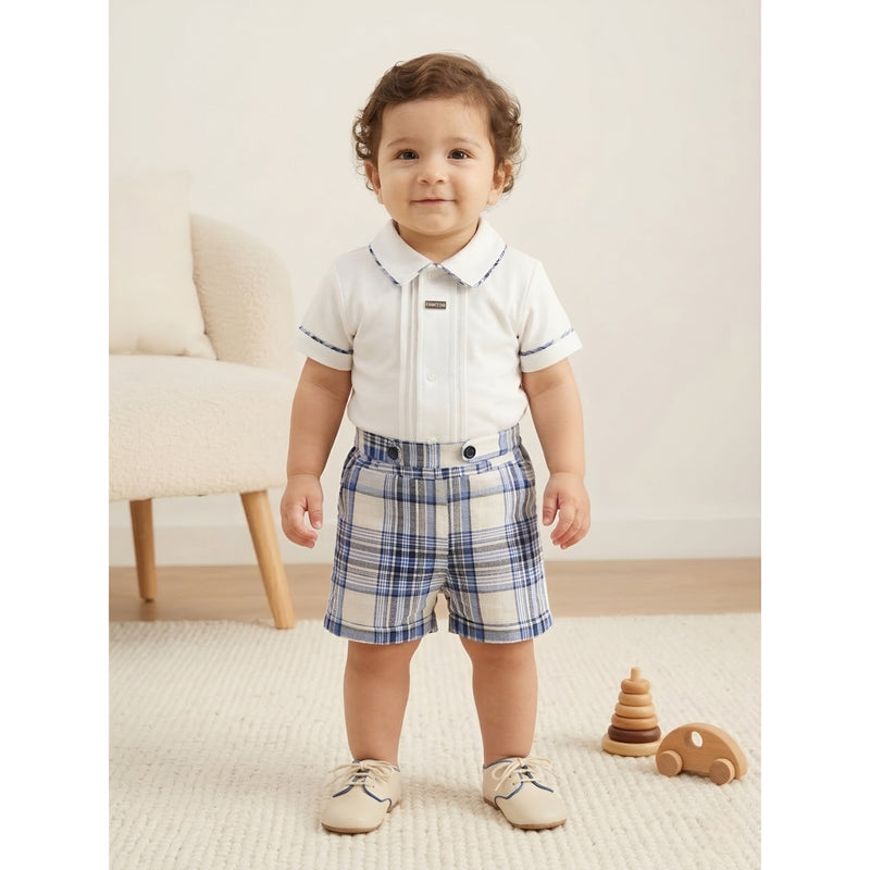 Baby Boy 2-Piece White Polo & Blue Plaid Shorts Set Zubaidas