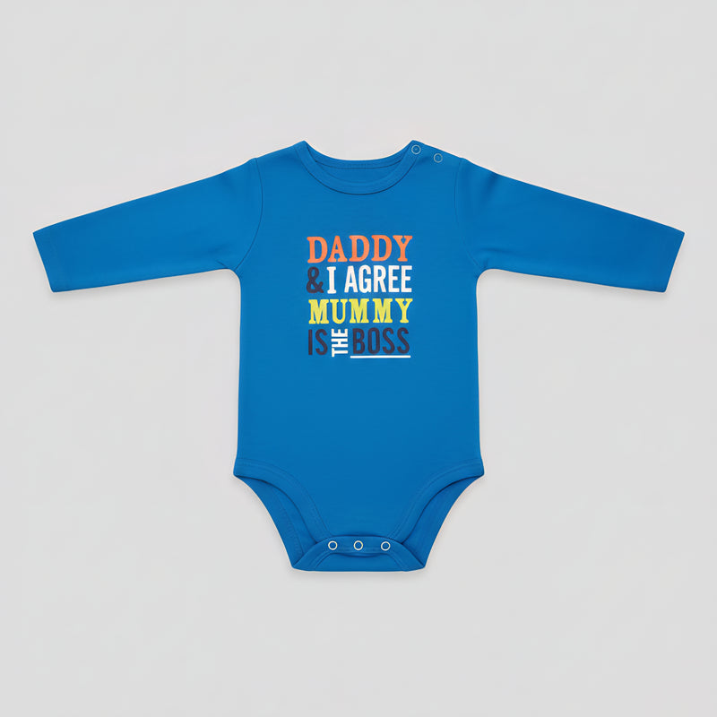 Mummy is the Boss Long-Sleeve Graphic Baby Bodysuit Blue
