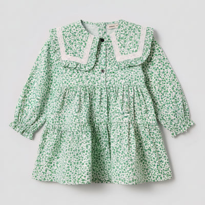 Girls' Floral Print Tiered Dress with Lace Collar Zubaidas