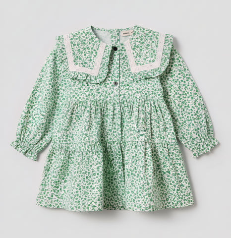 Girls' Floral Print Tiered Dress with Lace Collar Zubaidas