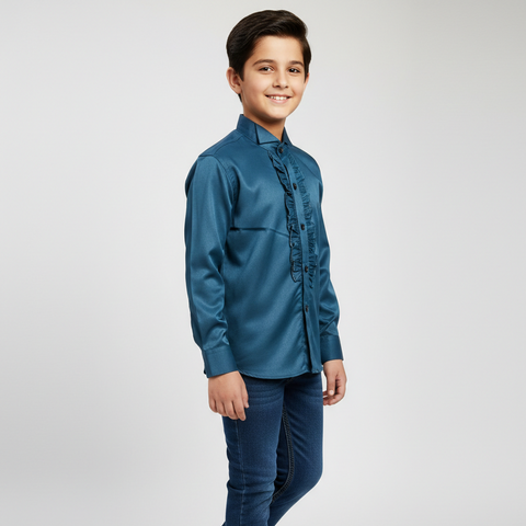 Boys' Teal Blue Satin Ruffle-Front Party Wear Shirt Zubaidas