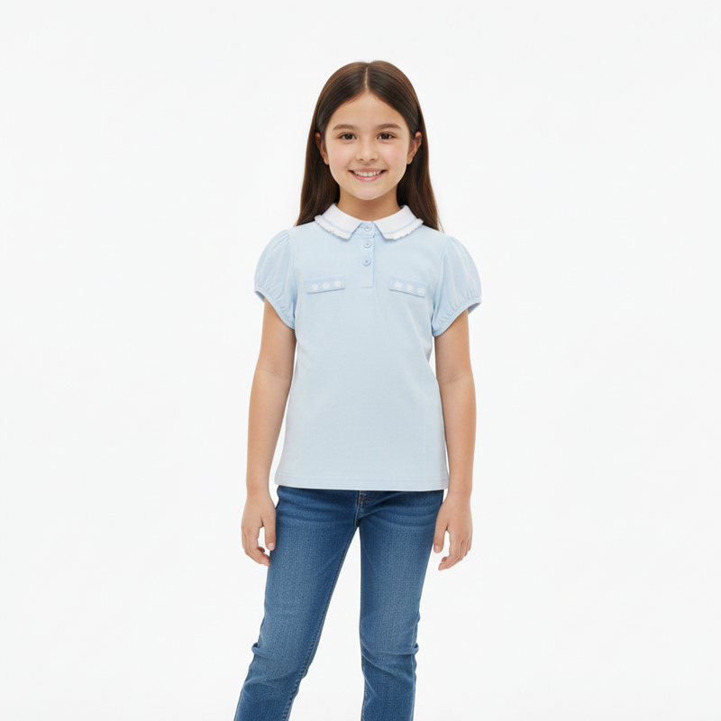 Girls' Light Blue Floral Detail Polo with Puff Sleeves Zubaidas