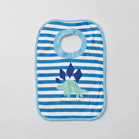 Blue and White Striped Baby Bib with Green Stegosaurus Dinosaur Print Zubaidas