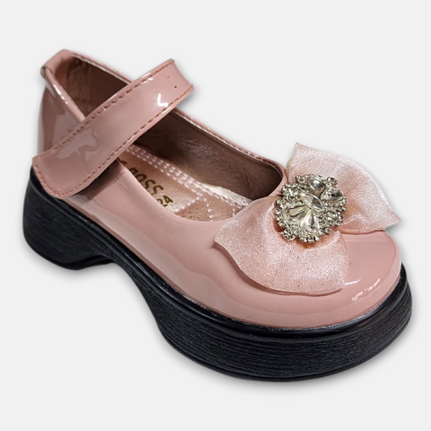Girls Pink Glossy Loafers with Bow