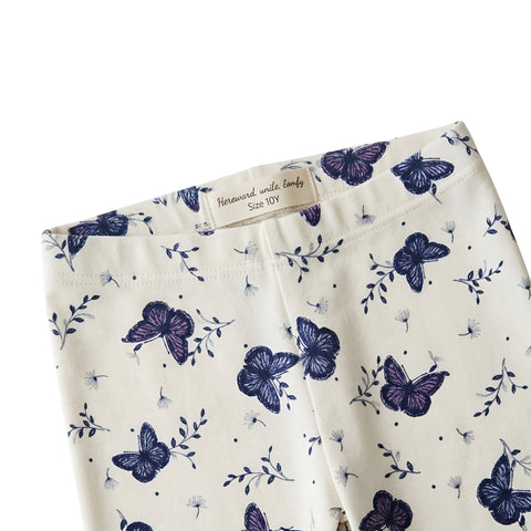 Girls' Butterfly Print Cotton Leggings – White & Purple Zubaidas