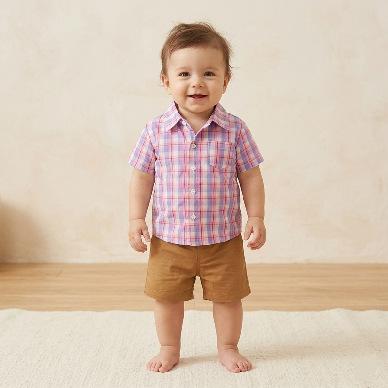 Toddler Boys’ 2-Piece Plaid Button Down Shirt and Khaki Shorts Set Zubaidas