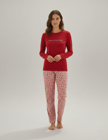 Cosy Winter Heart Print Sleepwear long sleeve Red Zubaidas