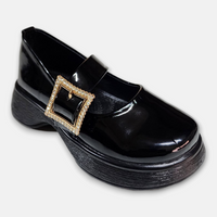 Girl Glossy Black Shoes Golden Buckle - View 1