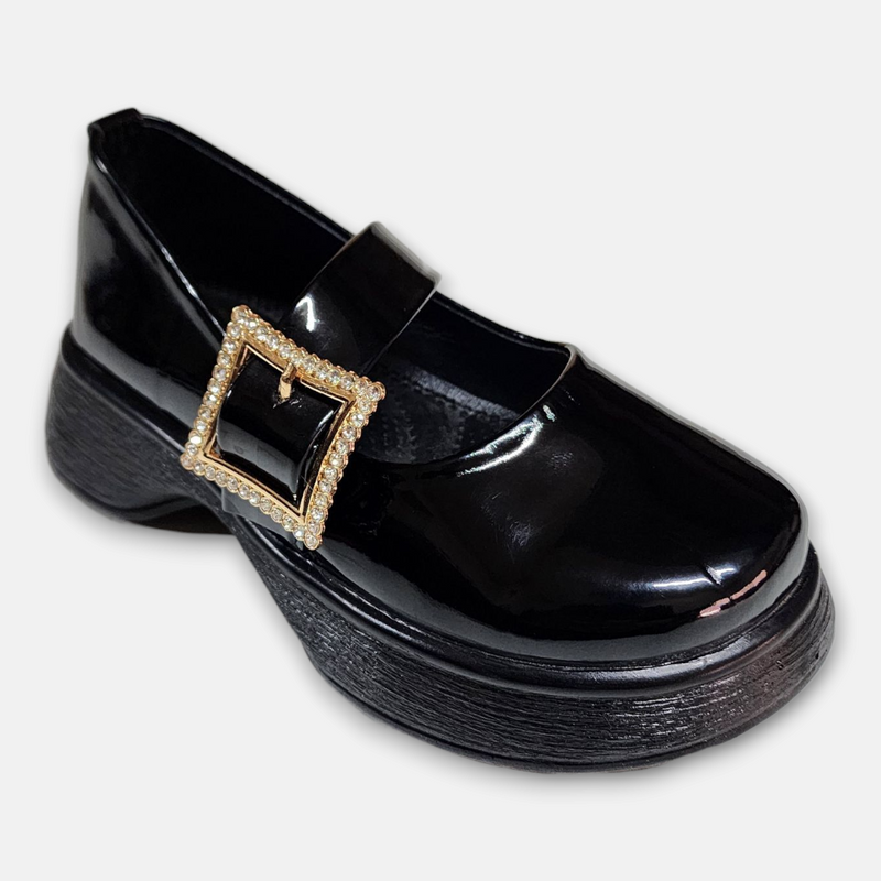 Girl Glossy Black Shoes Golden Buckle