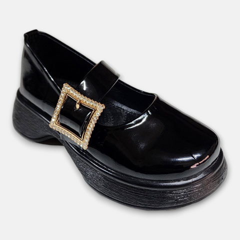 Girl Glossy Black Shoes Golden Buckle