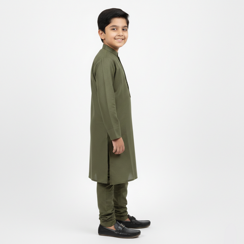Boys' Olive Green Cotton Kurta Pajama Set Zubaidas