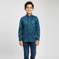 Boys' Teal Blue Satin Ruffle-Front Party Wear Shirt Zubaidas - View 1