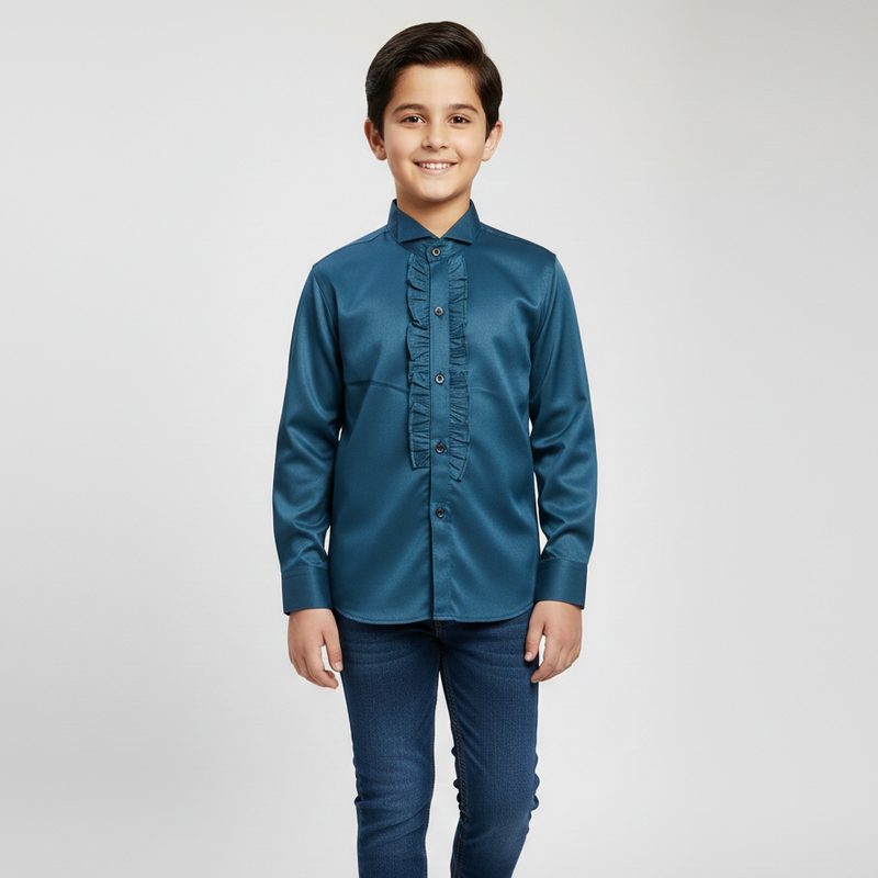 Boys' Teal Blue Satin Ruffle-Front Party Wear Shirt Zubaidas