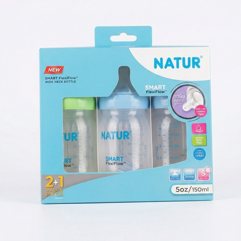 Natur SMART FlexiFlow Wide Neck Baby Bottle (2+1 Value Pack) 5oz/150ml Zubaidas