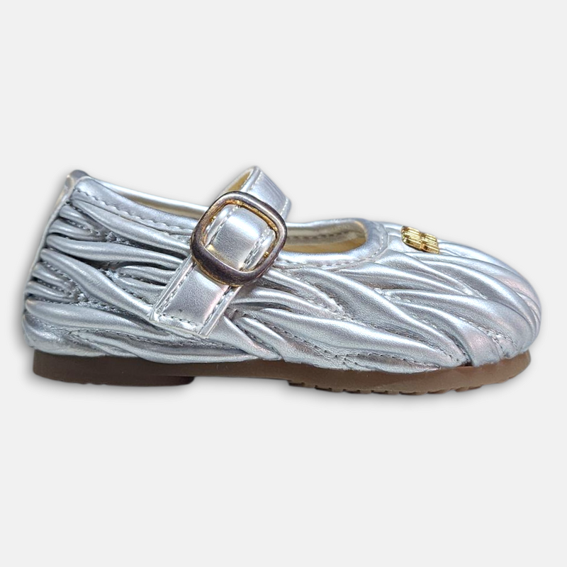 Spring Autum Girl Pump Silver Pleated Texture PU Leather