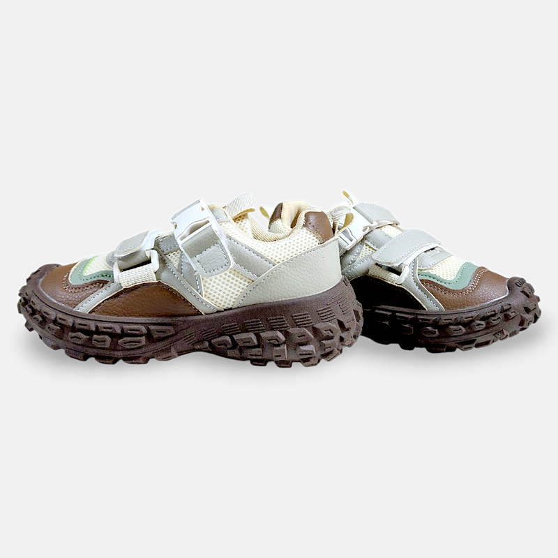 Boys Sneakers Buckle Strap Brown & Grey