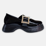 Girl Glossy Black Shoes Golden Buckle