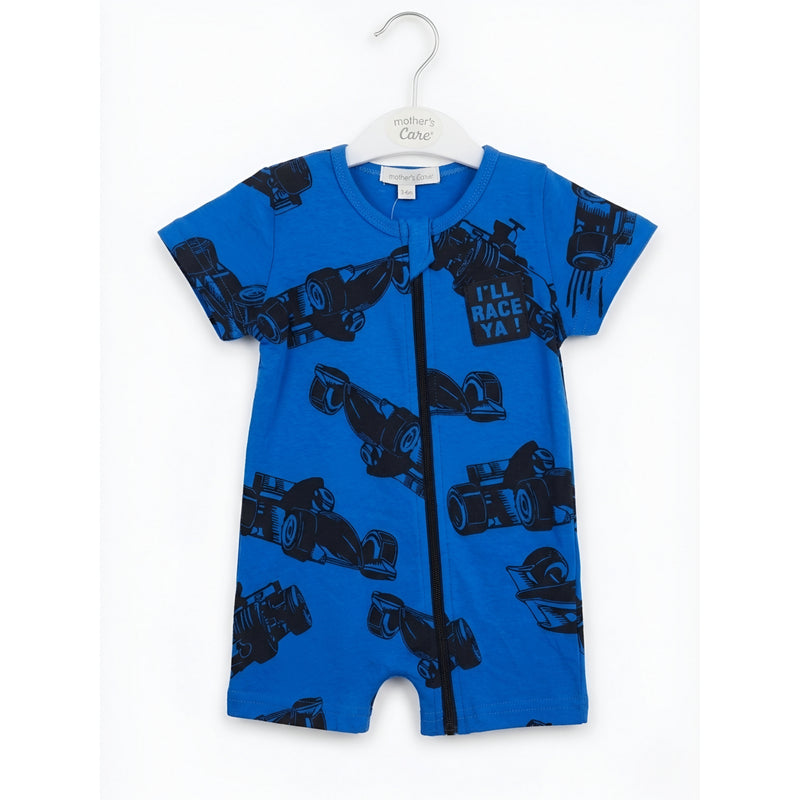 Infant Racing Car Graphic Zipper Romper Blue Zubaidas