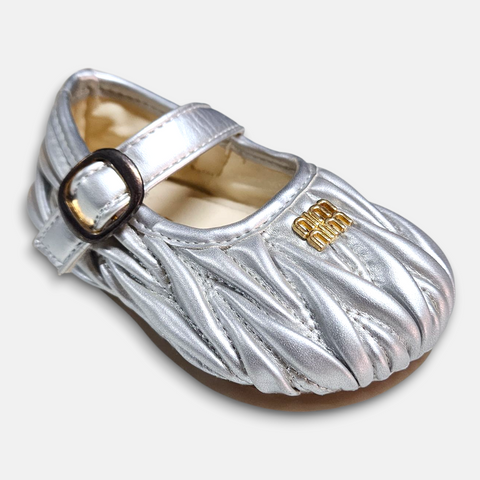 Spring Autum Girl Pump Silver Pleated Texture PU Leather