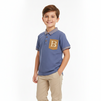 Boys' Waffle Knit Polo Shirt with Contrast Pocket Slate Blue Zubaidas - View 2
