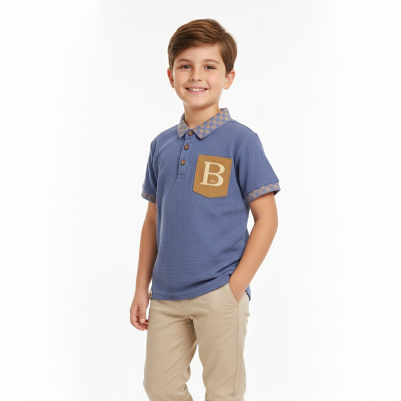 Boys' Waffle Knit Polo Shirt with Contrast Pocket Slate Blue Zubaidas