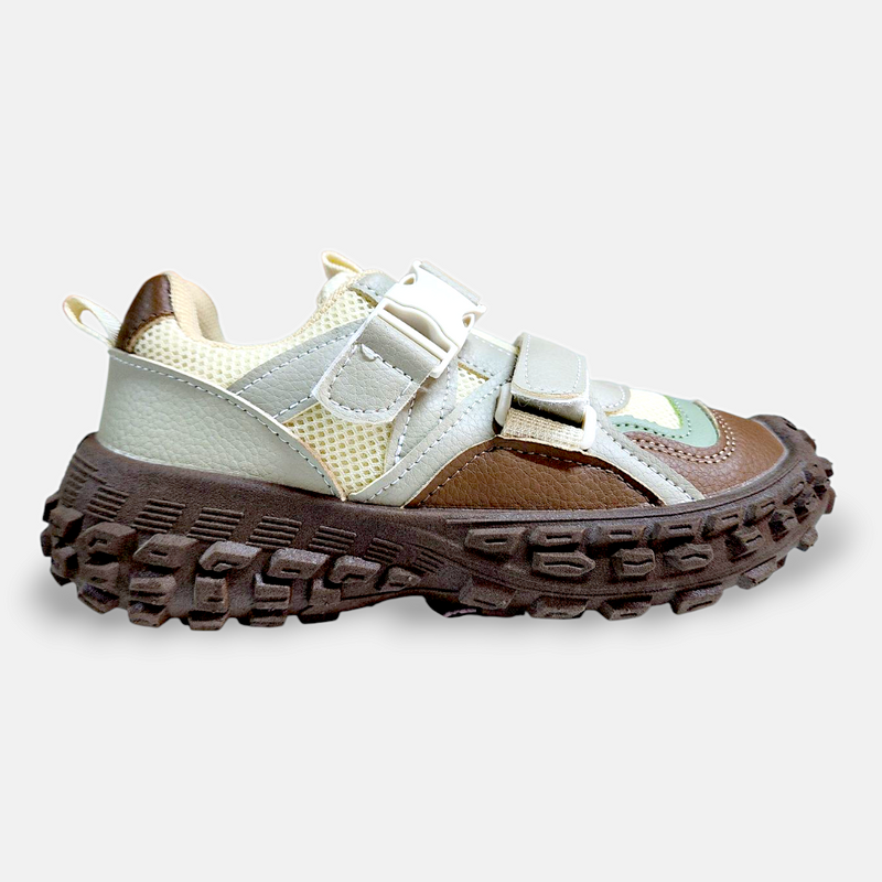 Boys Sneakers Buckle Strap Brown & Grey