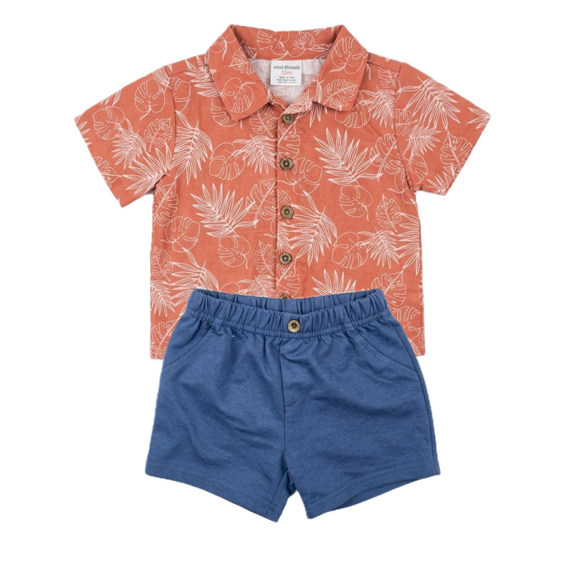 Toddler Boy 2-Piece Tropical Print Button-Down Shirt and Blue Shorts Set Zubaidas