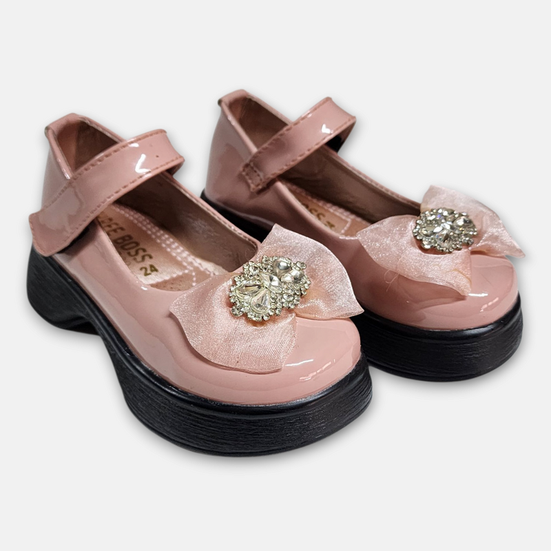 Girls Pink Glossy Loafers with Bow