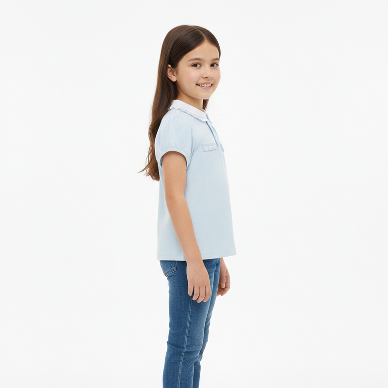 Girls' Light Blue Floral Detail Polo with Puff Sleeves Zubaidas