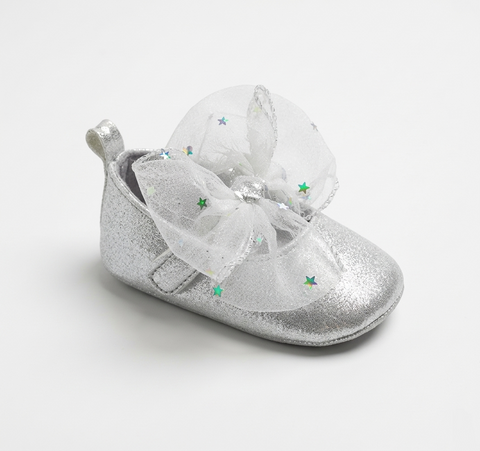 Sparkly Silver Baby Shoes with Tulle Star Bow